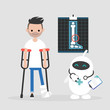 © nadia_snopek - New technologies. Modern health care. Cute white doctor robot. Disabled character on crutches with broken leg / editable vector illustration, vector clip art