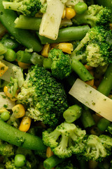 Cooked green vegetables as broccoli and green bean.