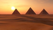 Desert Of Sand With Pyramids At Sunset.