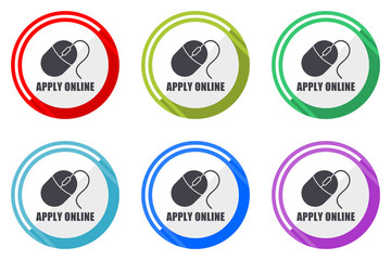 Poster - Apply online flat vector web icon set, colorful round internet buttons in eps 10 isolated on white background