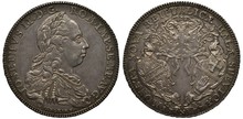 Holy Roman Empire Of German Nation German Schwäbisch Hall Silver Coin 1 Thaler 1777, Ruler Emperor Joseph II, Bust In Rich Clothes Right, Three Shields With Eagle, Cross, Hand And Other Designs, Date 