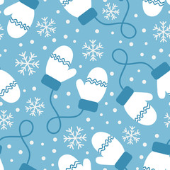 Vintage winter seamless pattern with mittens and snowflakes on blue background. Shabby texture. Vector illustration