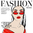 Chic girl, woman face in red clothes with red makeup and sunglasses vector illustration in style of magazine cover design. Beautiful young girl model. Fashion style, beauty. Graphic, sketch drawing