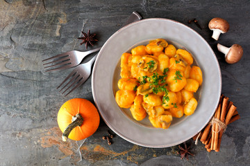 Sticker - Gnocchi with a pumpkin, mushroom cream sauce. Autumn meal. Above table scene on a dark stone background.