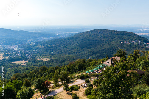 Fotomural View from the Fremersberg tower of the Merkurstüble restaurant located on the top of MerkurBergbahn