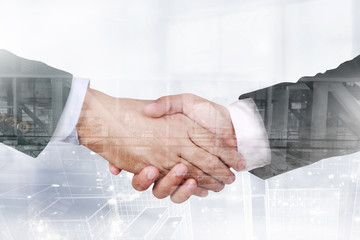 Double exposure image of two businessman shaking hand overlay with cityscape image