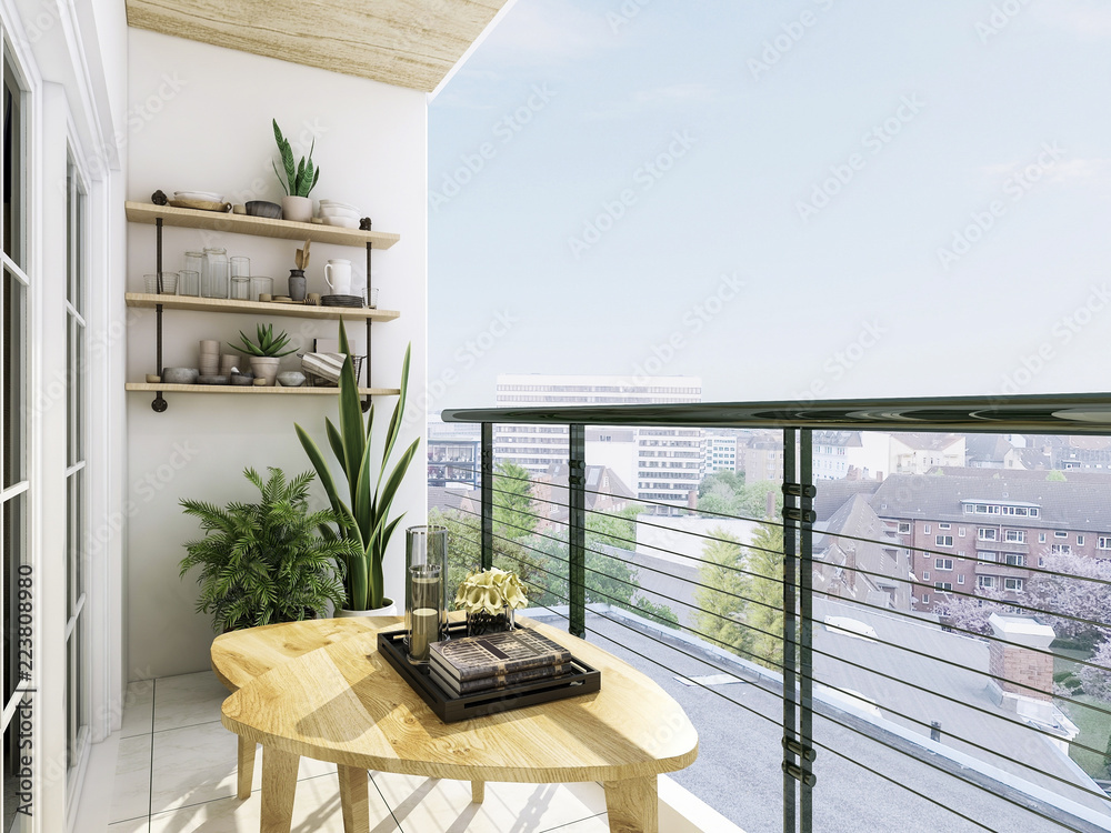 Modern balcony design, coffee table, green plants and glass railings, etc. - obrazy, fototapety, plakaty 