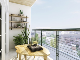 Modern balcony design, coffee table, green plants and glass railings, etc.