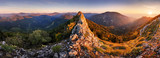 Fototapeta  - Rocky Panorama of sunset in mountain valley landscape.