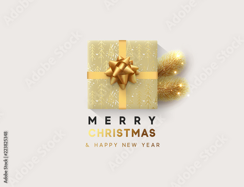 Cuadros en Lienzo Vector illustration letttering Merry Christmas, gift box closed wrapped ribbon with bow