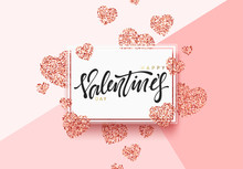 Happy Valentines Day Lettering Greeting Card On Red Bright Heart Background. Festive Banner And Poster.