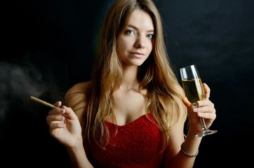 Young female with cigarillo and white wine