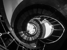 Old Destroyed Spiral Staircase, Black And White Photo