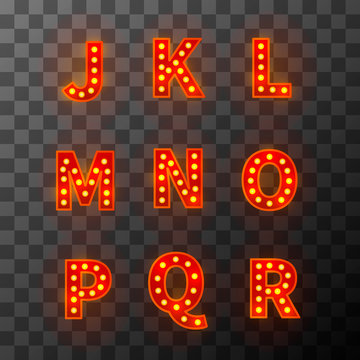 Lighting bulb font, bright alphabet in cabaret style, J-R letters on transparent background
