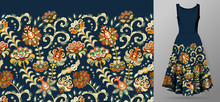 Vector Seamless Pattern With Pastel Orange Flowers Ornament On Dark Blue Background, Hand Drawn Texture For Clothes, Bedclothes, Invitation, Card Design Etc.
