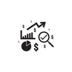 Poster - Business analysis icon. symbol with magnifying glass. rising bars chart. dollar increase revenue. Money symbol with arrow. finance cost outline vector illustration.