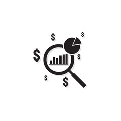 Poster - Business analysis icon. symbol with magnifying glass. rising bars chart. dollar increase revenue. Money symbol with arrow. finance cost outline vector illustration.