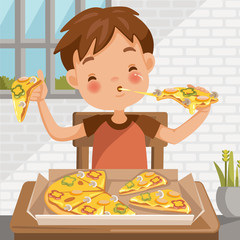 Boy eating pizza. sitting at the table  eating luncheon. Delicious food in Pizza box. at home in the dining room. cute little boy cartoon In red shirt. emotional on child's face feels good very happy.