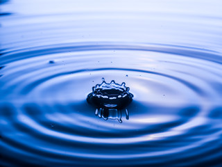 close up drop of water on blue background