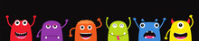 Set Of Funny Cartoon Monsters. Characters Halloween On Black Background.