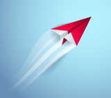 Origami paper folded toy plane is taking off to flight, 3d realistic vector illustration.