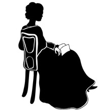 Attractive Sitting Girl Silhouette With Book. Vintage Dreaming Female Silhouette In Victorian Style. Antique Dress, Shawl, Curly Combed Hair, Book, Armchair. For Posters, Prints, Decoupage, Design