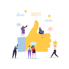 Wall Mural - big hand with thumb up and working flat people characters. team work business success concept. vecto