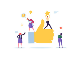 Wall Mural - big hand with thumb up and working flat people characters. team work business success concept. vecto