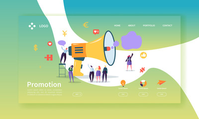 Poster - Advertising and Promotion Landing Page Template. Promo Marketing Website Layout with Flat People Characters and Megaphone. Easy to Edit and Customize Mobile Web Site. Vector illustration
