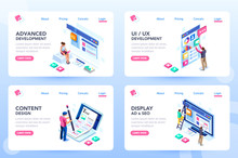 Develop, web development, process concept, webdesign advertising, engine for software content. Visual front infographic of program optimization concept. Characters flat isometric vector illustration.