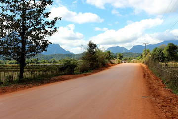 Country roads at Vang Vieng, Laos : The view of two side filled with beautiful mountains