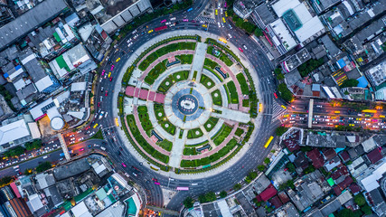 Wall Mural - Aerial top view road roundabout with car lots,   Aerial view road traffic in city.