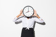 © F8  \ Suport Ukraine - Photo of funny woman in white shirt and black skirt covering face with big round clock isolated over white background