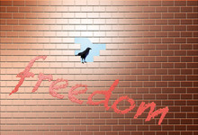 A Copper Colored Brick Wall Has A Hole In It Allowing Escape To Another Area, World, Life Or Whatever Is Needed. A Bird Sits In The Small Opening.