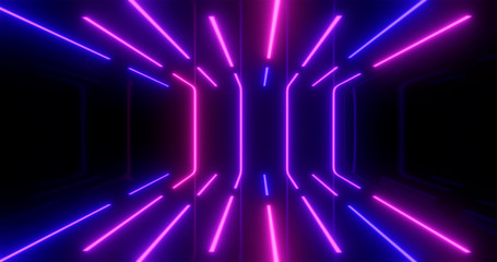 Wall Mural - 3D Rendering. Geometric figure in neon light against a dark tunnel. Laser glow.