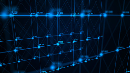 Fototapete - Big data visualization. Technology block chain concept. Futuristic infographic. 3D Rendering. Network connection.