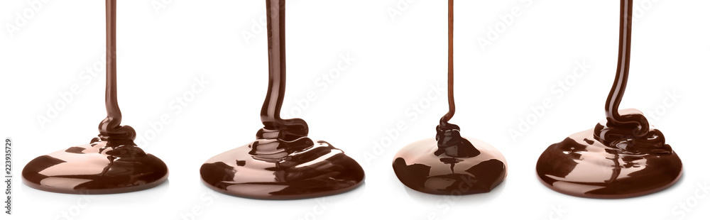 Set with molten chocolate pouring on white background - obrazy, fototapety, plakaty 