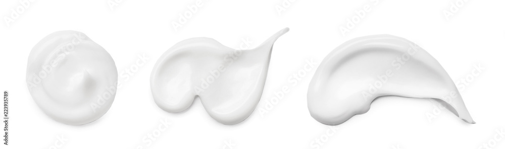 Set with different cosmetic smears on white background - obrazy, fototapety, plakaty 
