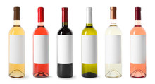 Set With Different Blank Wine Bottles On White Background. Mock Up For Design