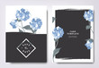 Botanical wedding invitation card template design, blue hydrangea flowers and leaves with black grunge frame, minimalist vintage style