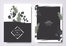 Botanical Wedding Invitation Card Template Design, Green Leaves And Black Eucalyptus Leaves With Black Grunge Frame, Minimalist Vintage Style