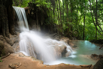 Wall Mural - Erawan Waterfall in Thailand is locate in Kanchanaburi Provience. This waterfall is in Erawan national park