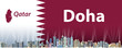 Doha city skyline with flag and map of Qatar on background vector illustration