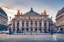 French Opera In Paris, France.  Scenic Skyline Against Sunset Sky. Travel Background.