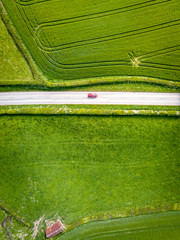 Wall Mural - Aerial view looking down on a rural road in the UK countryside. On a bright sunny day, farmland and crops can be seen either side of the road