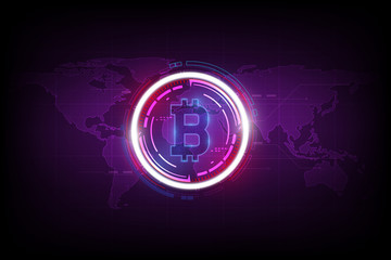 Poster - bitcoin digital currency and world globe hologram, futuristic digital money and technology worldwide network concept, vector illustration