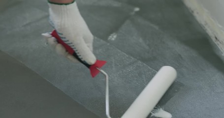 Wall Mural - Slow motion handheld closeup applying sealant on the concrete floor