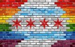 Brick Wall Chicago and Gay flags - Illustration,
Rainbow flag on brick textured background, 
Abstract grunge Chicago Flag and LGBT flag