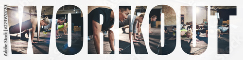 Papel de parede Collage of people doing pushups together during a gym workout