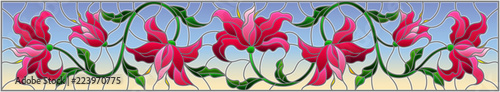 Dekoracja na wymiar  ilustracja-w-stylu-witrazu-z-kwiatami-liscmi-i-pakami-rozowych-lilii-na-niebiesko